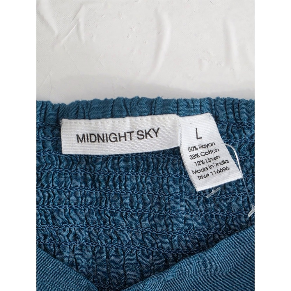 NWT Midnight Sky L Babydoll Smocked Flutter Sleeve Green Top Women's Boho Blouse - Picture 5 of 7